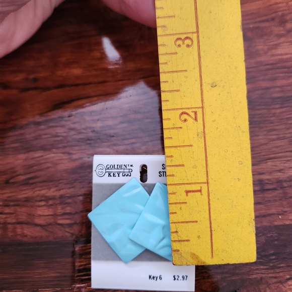 Vintage Golden Key Light Blue Pierced Earrings - Picture 3 of 3